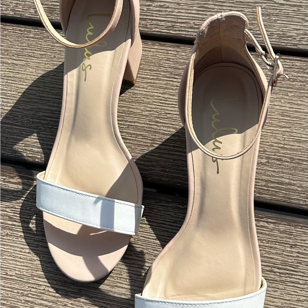 Lulus Harper Beige Block Heel Sandals White Toe Strap Size 8 - Picture 2 of 14